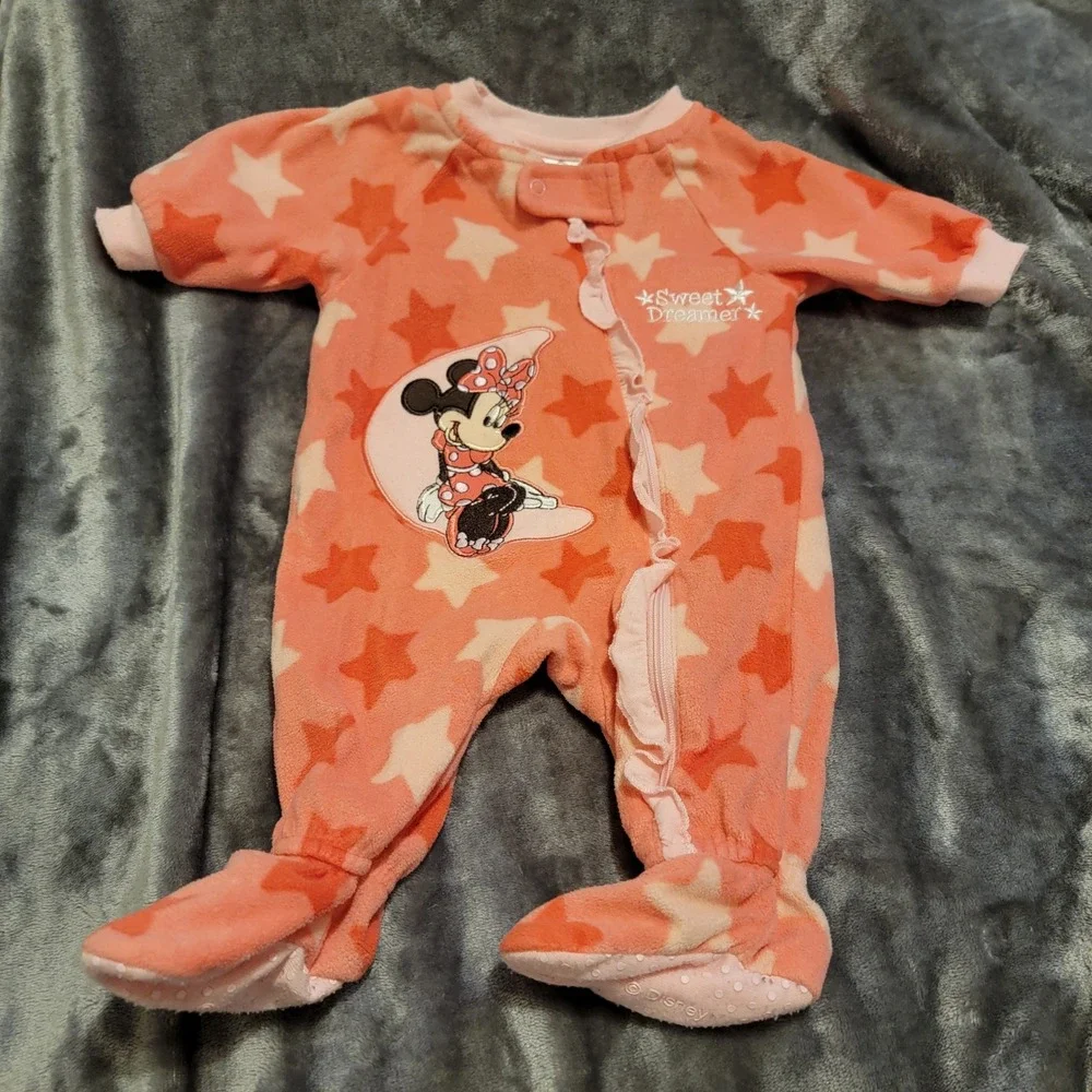 Disney Baby Footed Sleeper 0-3M Pink Fleece Minnie Mouse Excellent Star Print
